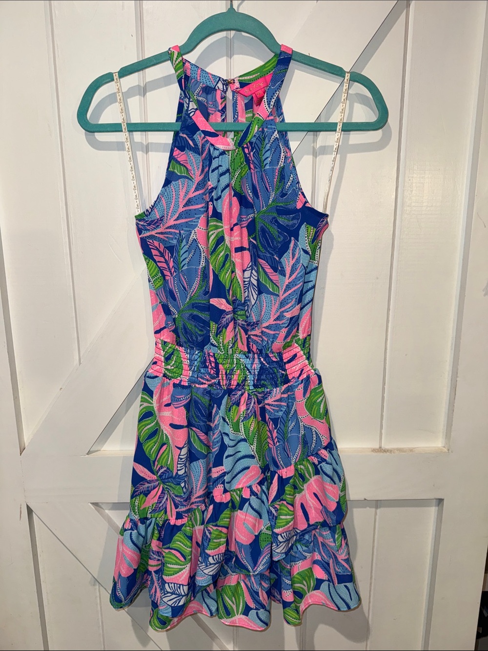 Lilly Pulitzer Tropical Halter Dress Women’s 00 Blue Pink Green Ruffle Hem - Picture 2 of 4